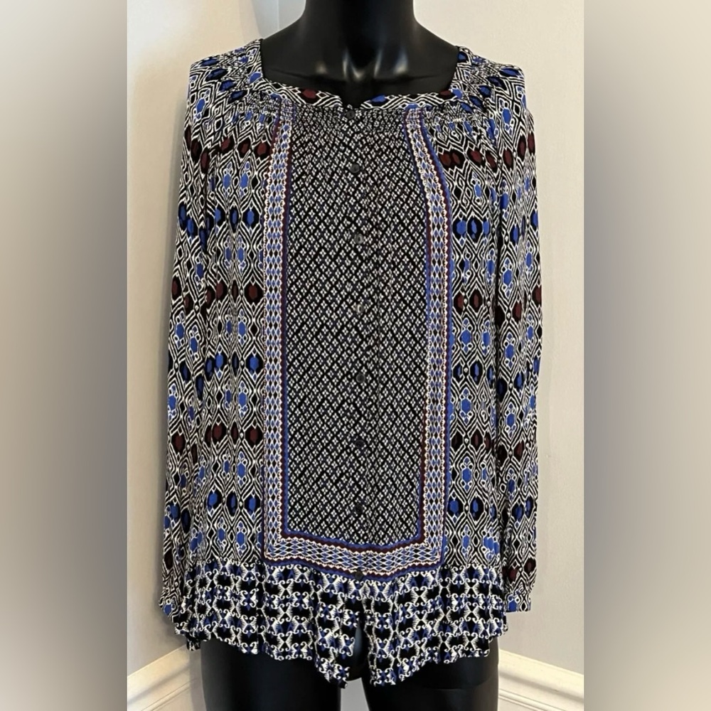 Lucky Brand Long Sleeve Blouse Tunic Size 1X Royal Black Maroon Rayon Boho